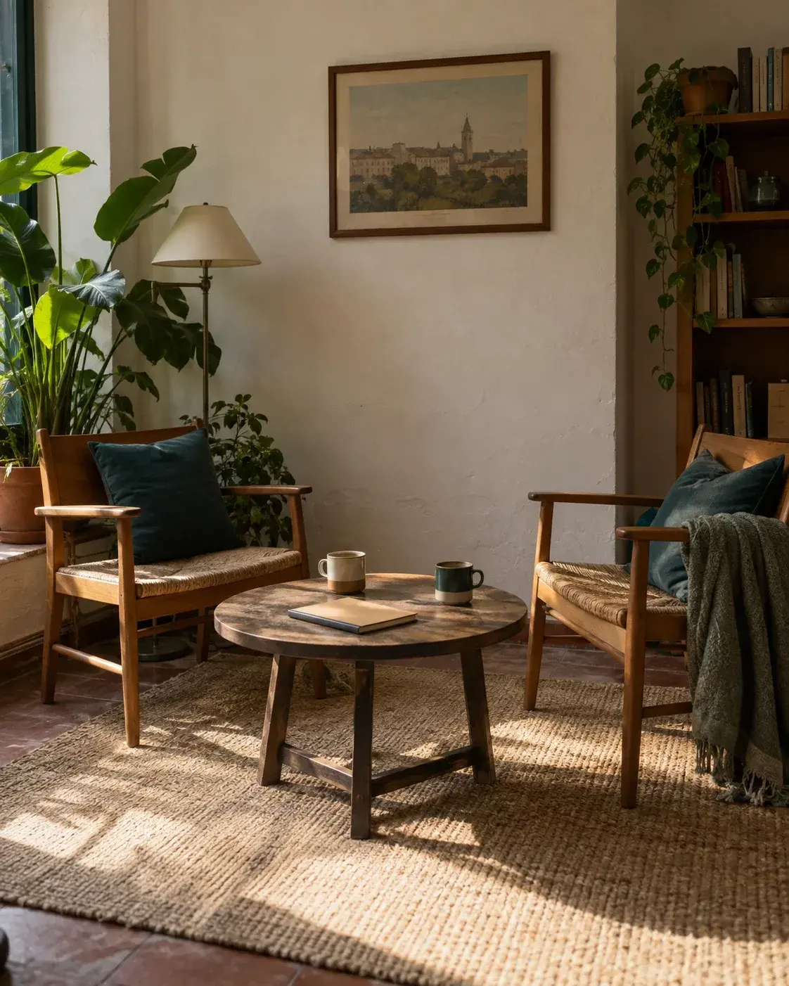 Dos sillas de madera enfrentadas junto a una mesa baja con dos tazas y un cuaderno cerrado, en una sala con luz natural.