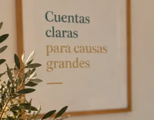 Lámina enmarcada colgada en la pared de un despacho con la frase «Cuentas claras para causas grandes», con una rama de olivo delante.