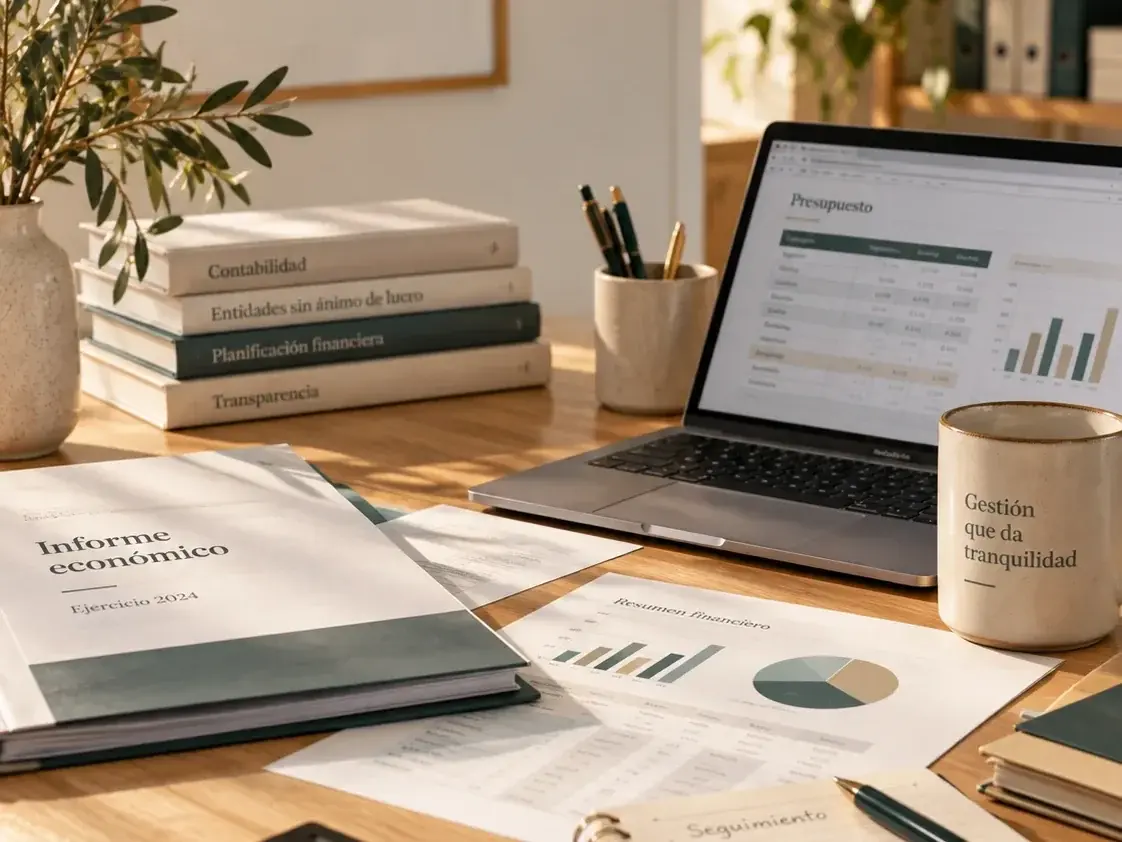 Mesa de trabajo con libros de contabilidad del tercer sector, un portátil mostrando un presupuesto y un informe económico impreso.