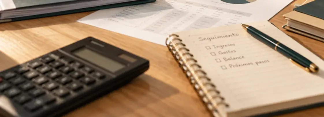 Sobre una mesa de madera, una calculadora junto a un cuaderno abierto con una lista de seguimiento escrita a mano: ingresos, gastos, balance y próximos pasos.