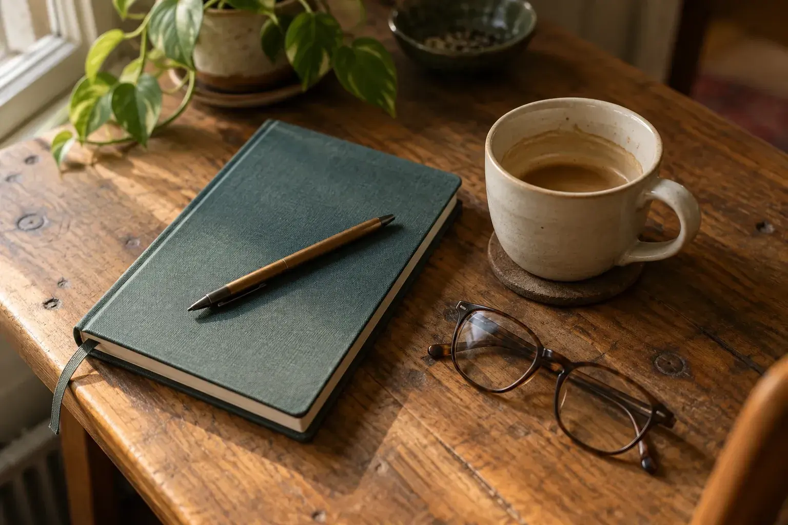 Cuaderno cerrado con un bolígrafo encima, una taza y unas gafas sobre una mesa de madera junto a una ventana.