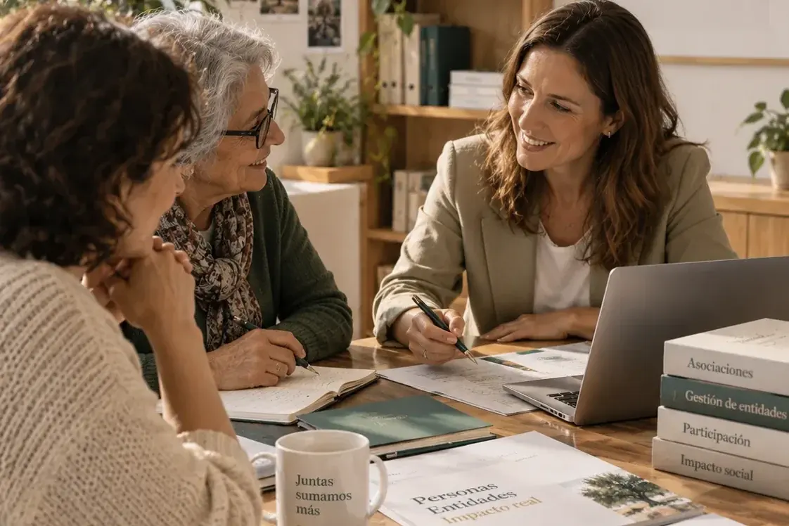 Tres personas conversando alrededor de una mesa de trabajo con cuadernos, documentación y libros sobre gestión de entidades.