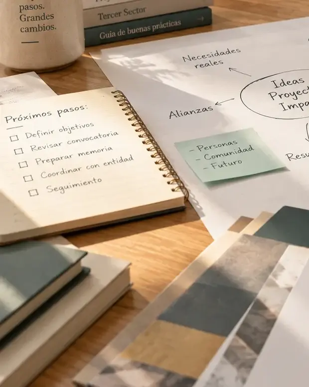 Cuaderno abierto con una lista de próximos pasos junto a un esquema de proyecto sobre una mesa de trabajo.