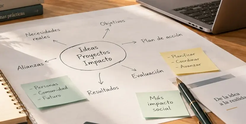 Hoja sobre una mesa con un esquema dibujado a mano: en el centro, ideas, proyectos e impacto, y flechas hacia necesidades reales, objetivos, plan de acción, evaluación, resultados y alianzas, rodeada de notas adhesivas.