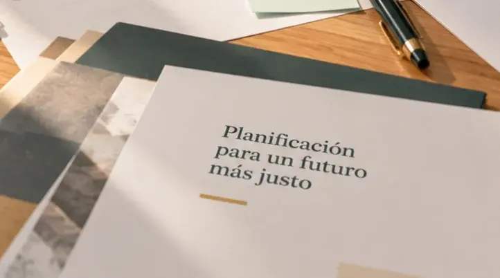 Documento impreso sobre una mesa con el título «Planificación para un futuro más justo», junto a varias láminas de color y una pluma.