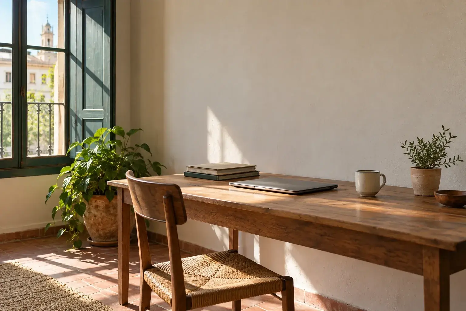 Mesa de trabajo de madera junto a un ventanal, con un portátil cerrado, unos libros y una taza.